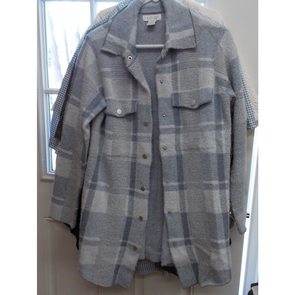 Rachel Zoe Womens Grey Plaid Knit Shacket Snap Front Jacket Size Medium
